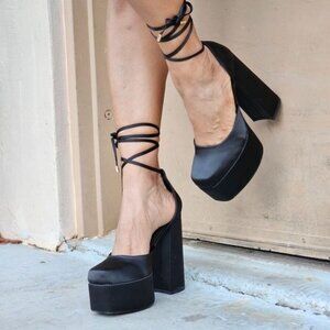 Womens Satin Platform Chunky Lace Up Heels Black Color
